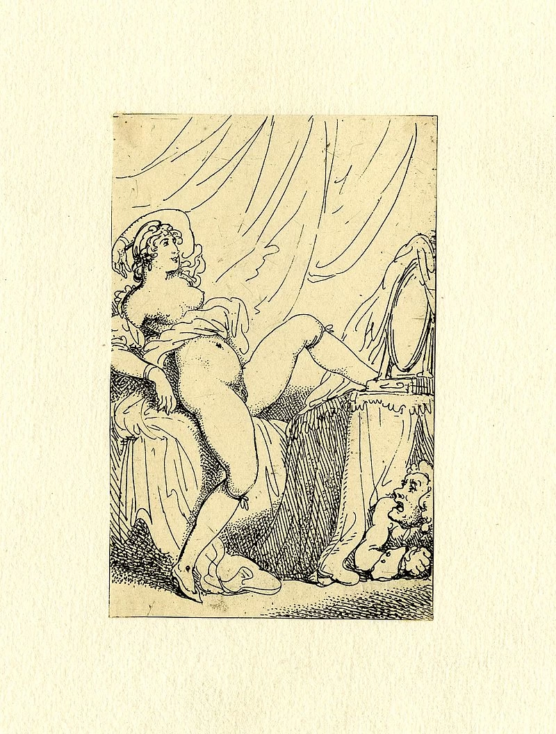 Thomas Rowlandson-182-Una giovane donna quasi nuda seduta su un letto
